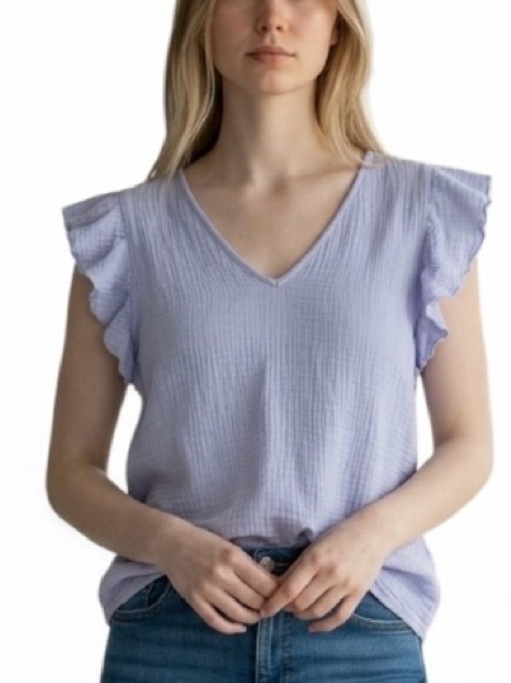 Express Light Blue 100% Cotton Textured Gauze V-Neck Ruffle Sleeve Blouse Top -M
